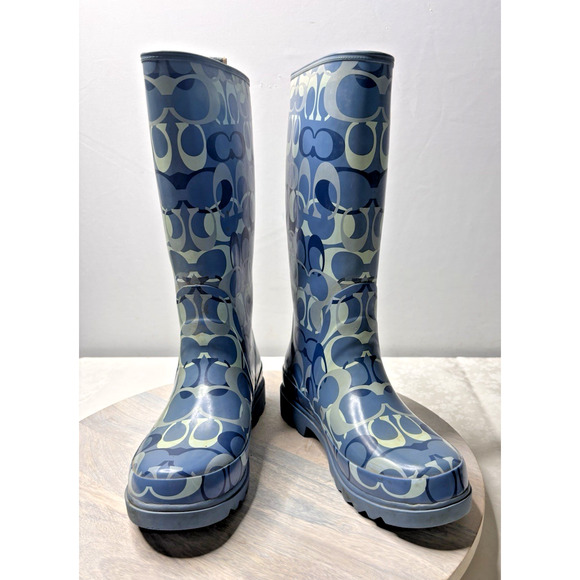 Coach Shoes - Coach Paisley Womens Rubber Pull On Tall Rain Boots Blue All Over Logo Sz 7m
